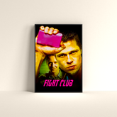 Fight Club poster by Dripster featuring a close-up of a man holding a pink bar of soap and bold pink text